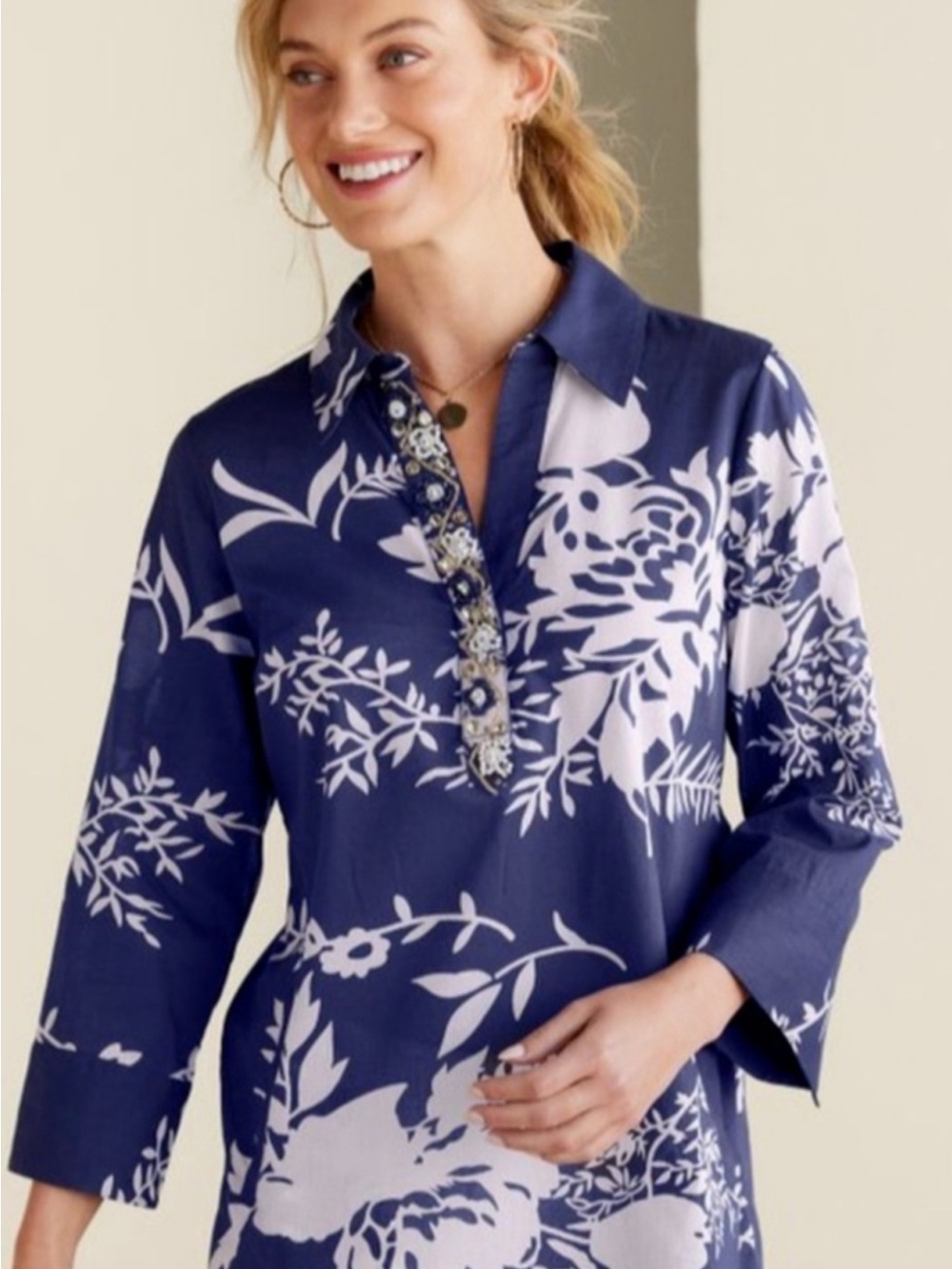 Soft Surroundings Navy and White Floral Tunic with Embellished Placket